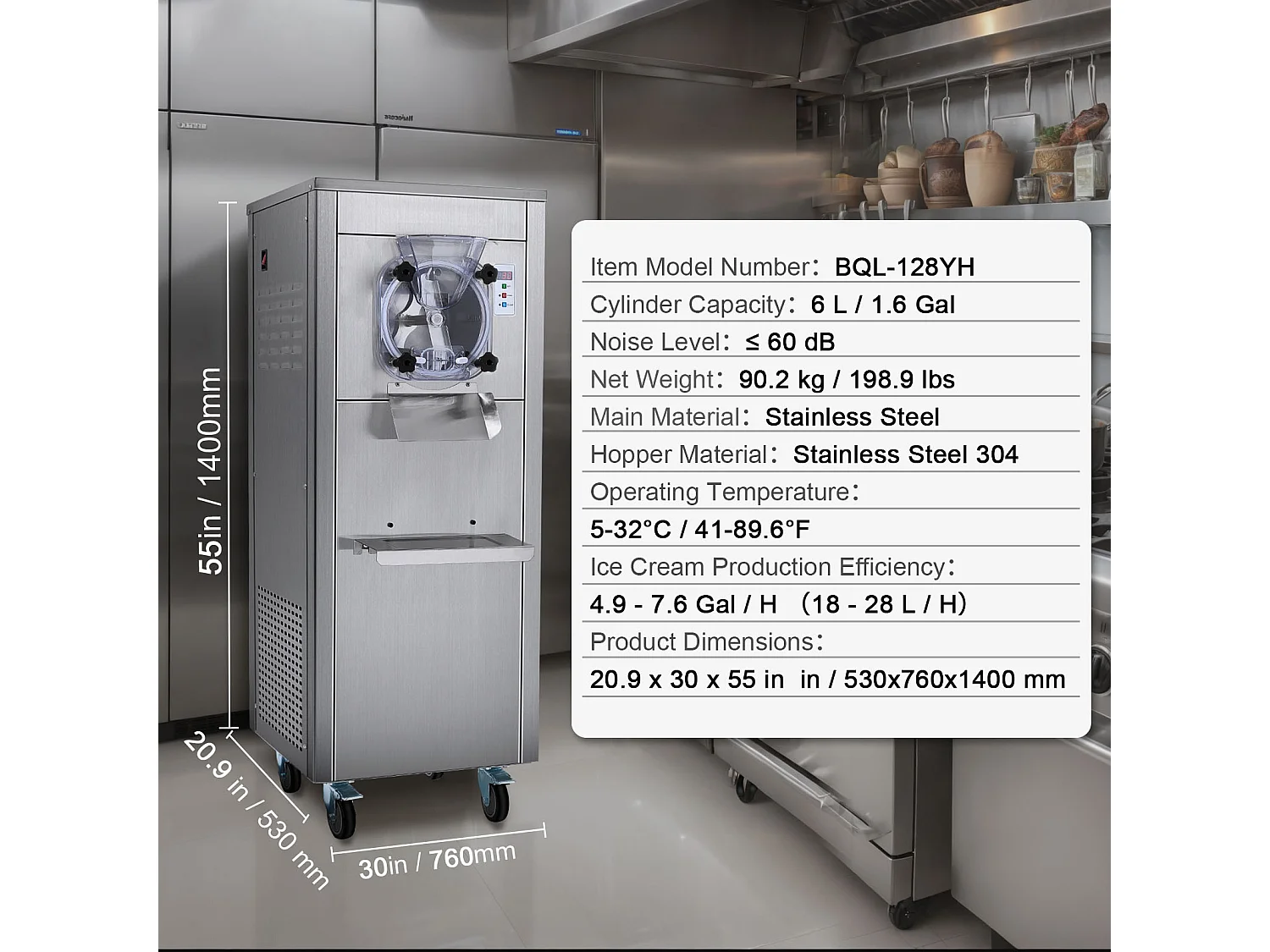 Machine à Crème Glacée Dure Commerciale SucceBuy, 18 L/h, 1600 W, avec Roues, Pré-refroidissement Automatique, Panneau LED