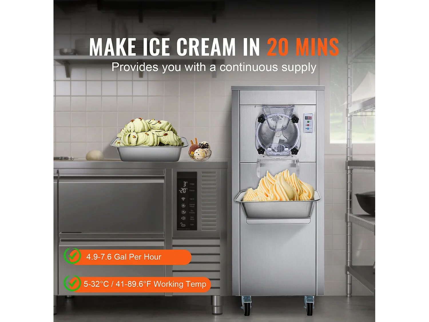 Machine à Crème Glacée Dure Commerciale SucceBuy, 18 L/h, 1600 W, avec Roues, Pré-refroidissement Automatique, Panneau LED