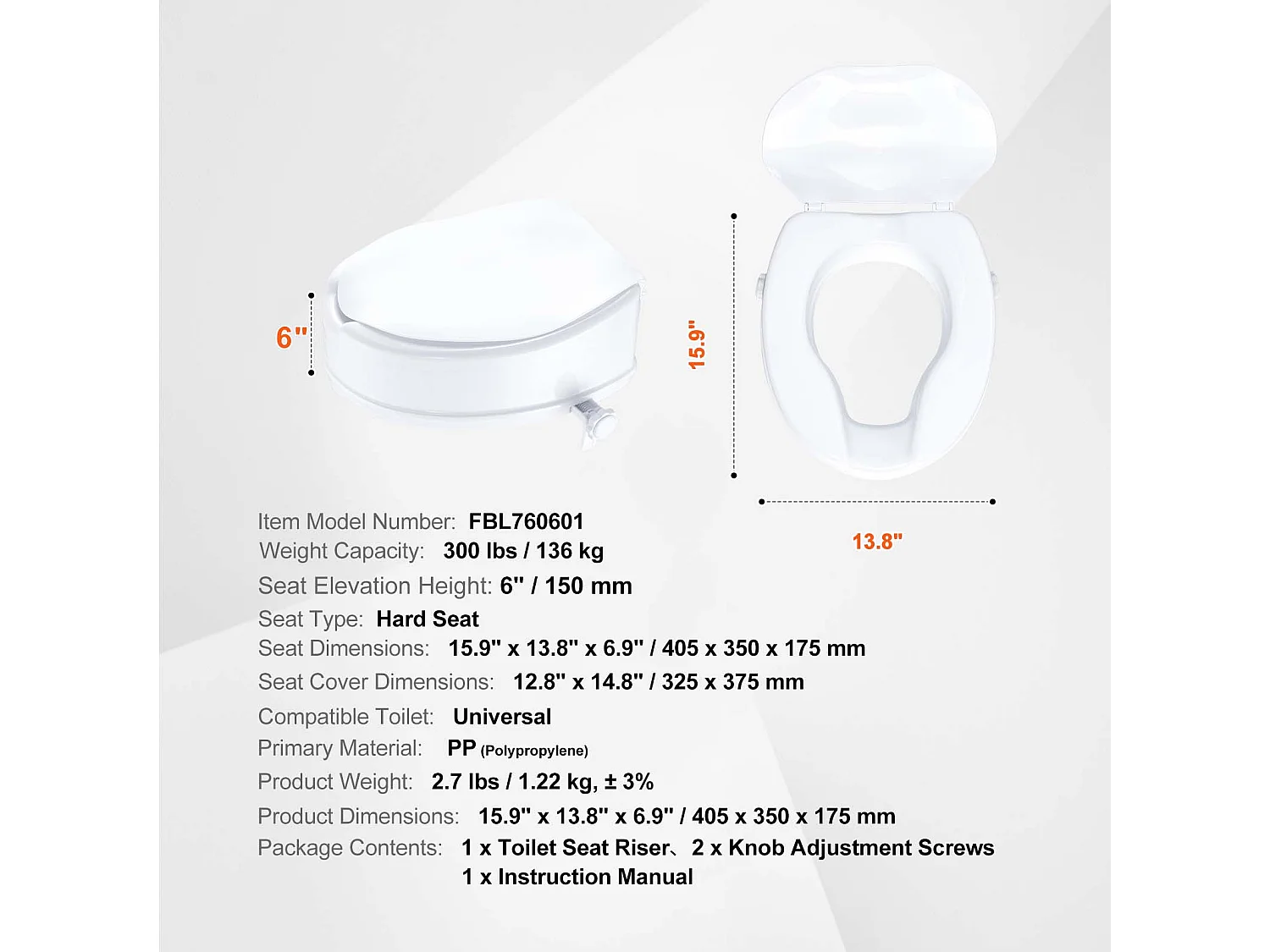 Siège de Toilette Surélevé SucceBuy, Hauteur de 12,7 cm, Capacité de 136 kg, Rehausseur Universel, Blanc