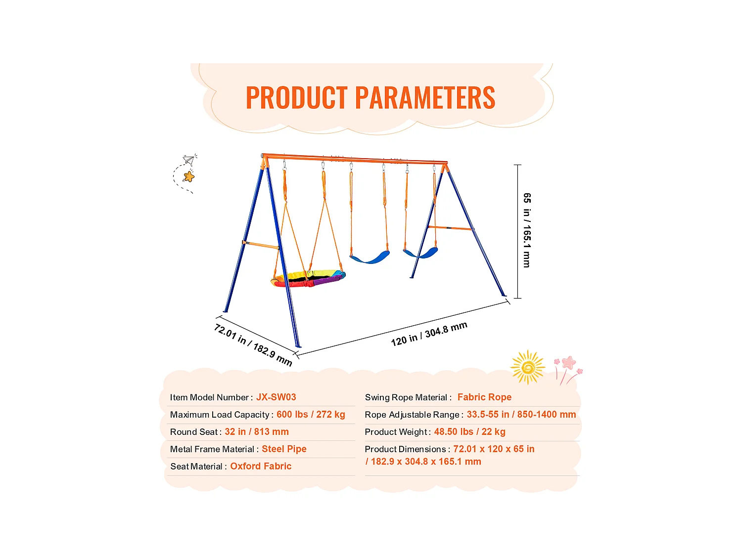 Ensemble de Balançoires Portique SucceBuy de Jardin avec 1 Nacelle 2 Sièges à Ceinture, Support en Métal, Corde Réglable pour la cour Arrière