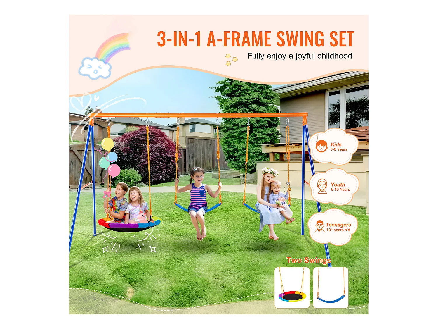 Ensemble de Balançoires Portique SucceBuy de Jardin avec 1 Nacelle 2 Sièges à Ceinture, Support en Métal, Corde Réglable pour la cour Arrière