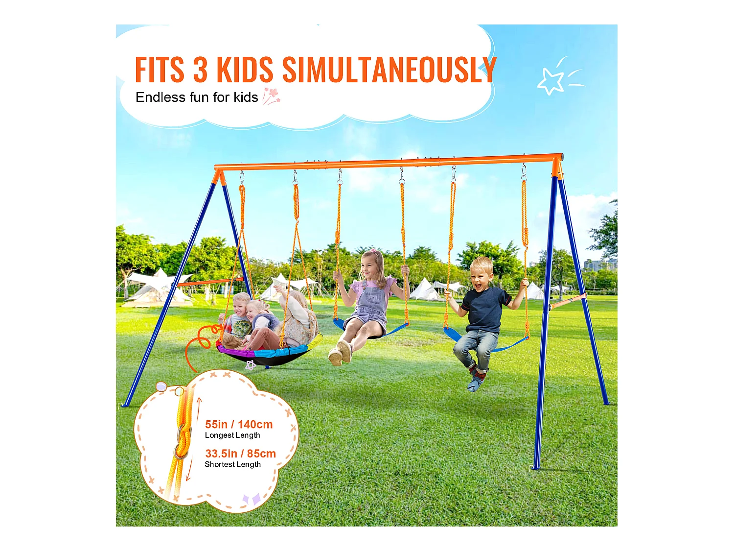 Ensemble de Balançoires Portique SucceBuy de Jardin avec 1 Nacelle 2 Sièges à Ceinture, Support en Métal, Corde Réglable pour la cour Arrière