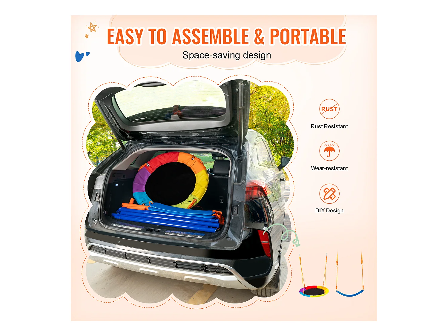 Ensemble de Balançoires Portique SucceBuy de Jardin avec 1 Nacelle 2 Sièges à Ceinture, Support en Métal, Corde Réglable pour la cour Arrière