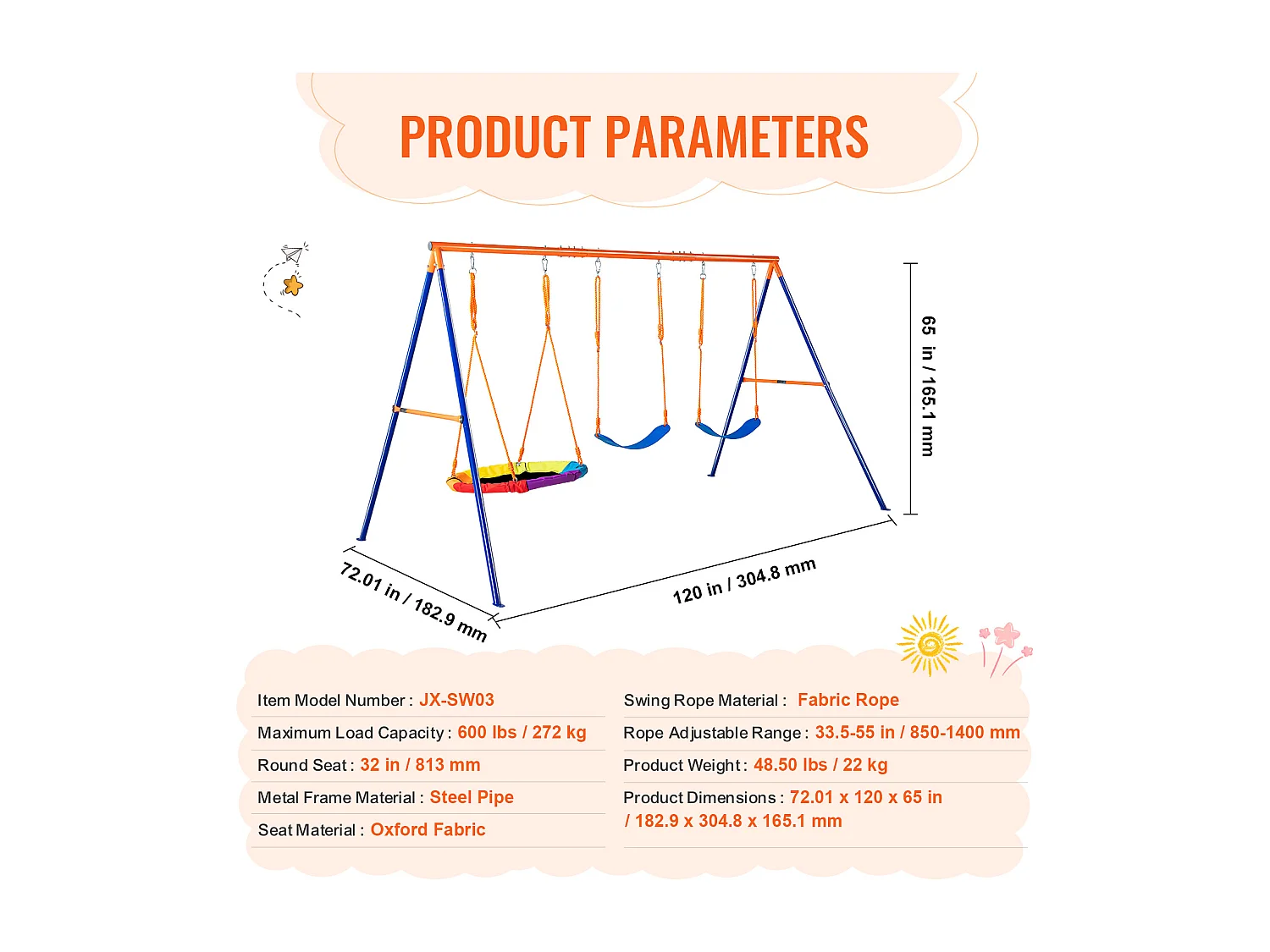 Ensemble de Balançoires Portique SucceBuy de Jardin avec 1 Nacelle 2 Sièges à Ceinture, Support en Métal, Corde Réglable pour la cour Arrière