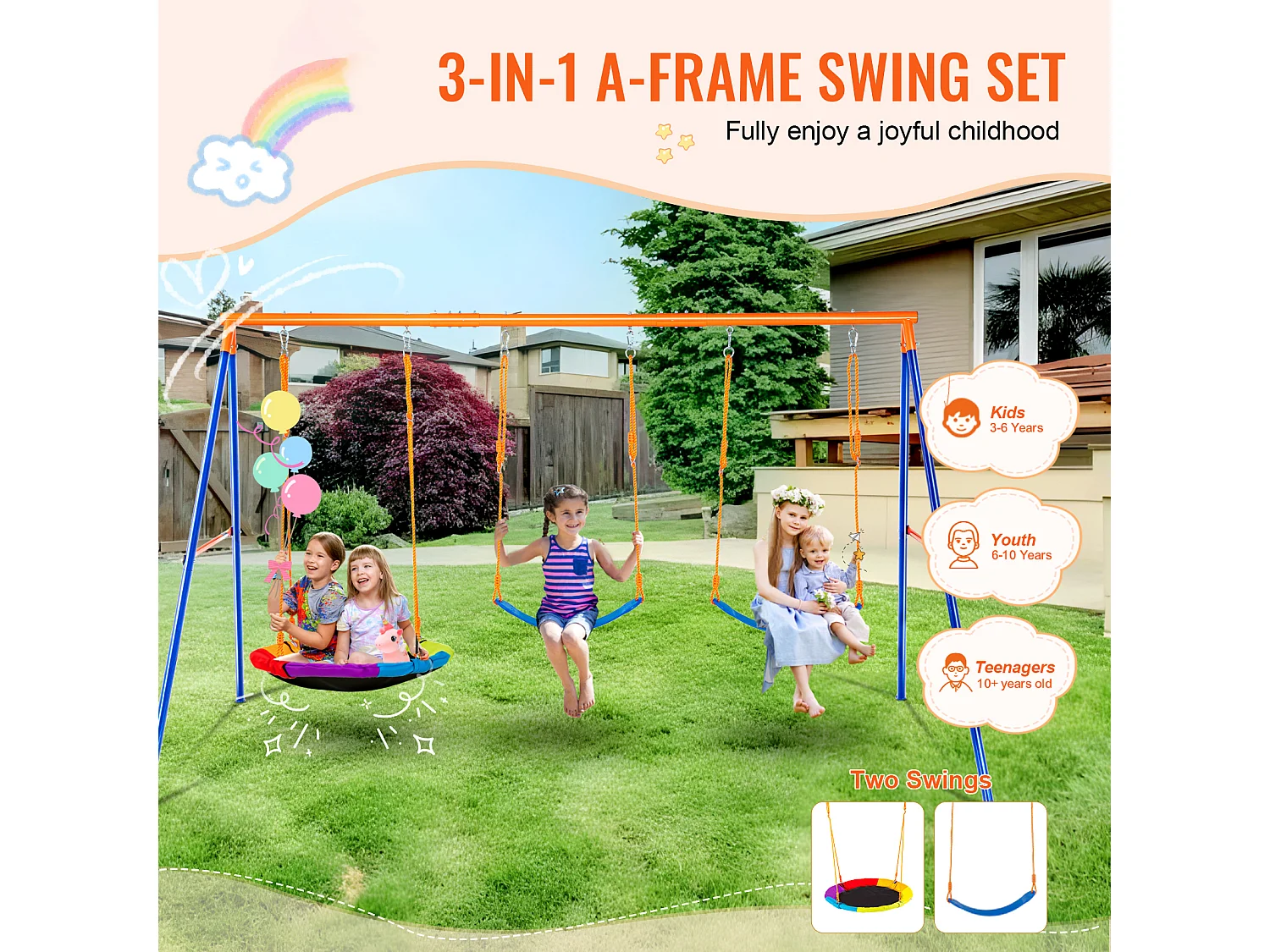 Ensemble de Balançoires Portique SucceBuy de Jardin avec 1 Nacelle 2 Sièges à Ceinture, Support en Métal, Corde Réglable pour la cour Arrière