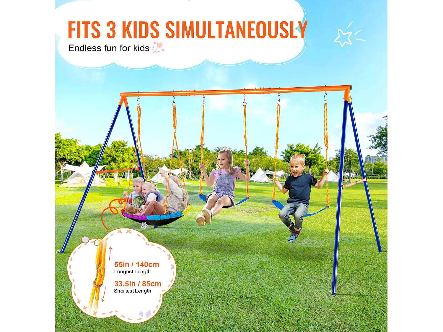 Ensemble de Balançoires Portique SucceBuy de Jardin avec 1 Nacelle 2 Sièges à Ceinture, Support en Métal, Corde Réglable pour la cour Arrière