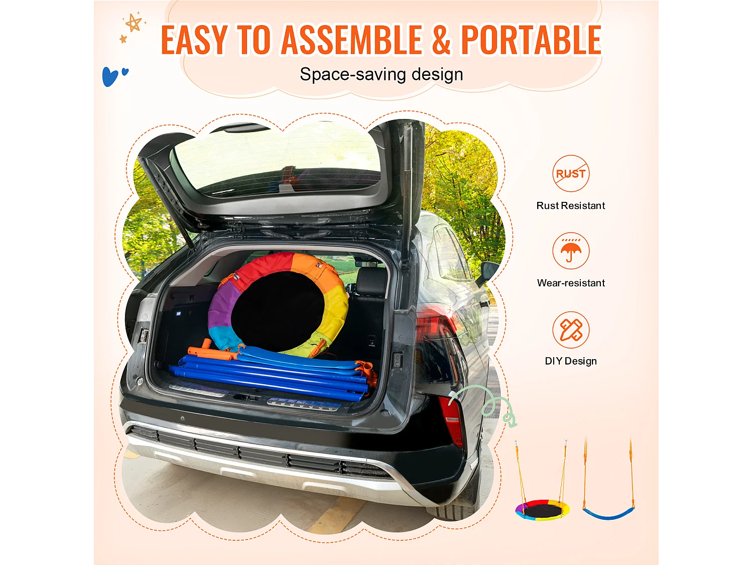 Ensemble de Balançoires Portique SucceBuy de Jardin avec 1 Nacelle 2 Sièges à Ceinture, Support en Métal, Corde Réglable pour la cour Arrière