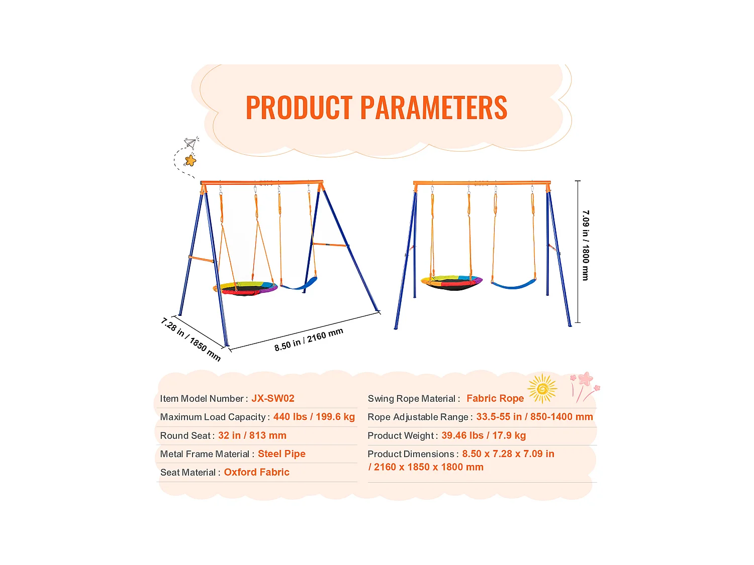 Ensemble de Balançoires en A SucceBuy, 1 Soucoupe et 1 Balançoire à Ceinture, Support en Métal pour Jardin