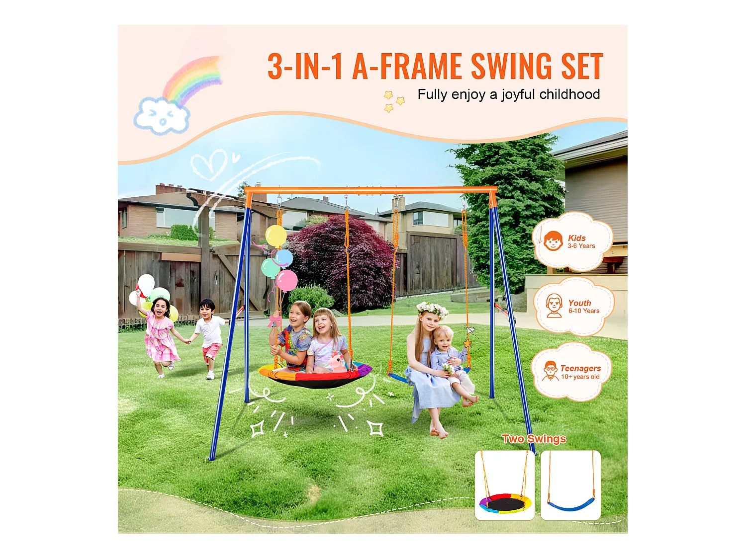 Ensemble de Balançoires en A SucceBuy, 1 Soucoupe et 1 Balançoire à Ceinture, Support en Métal pour Jardin