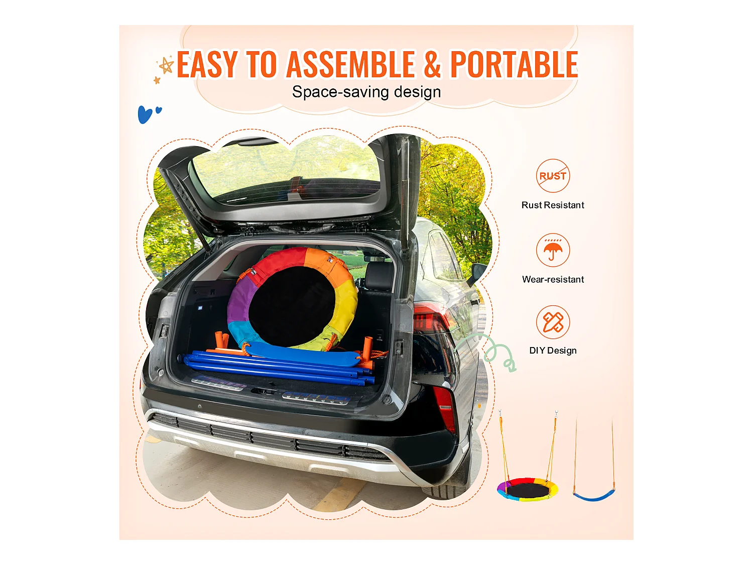 Ensemble de Balançoires en A SucceBuy, 1 Soucoupe et 1 Balançoire à Ceinture, Support en Métal pour Jardin