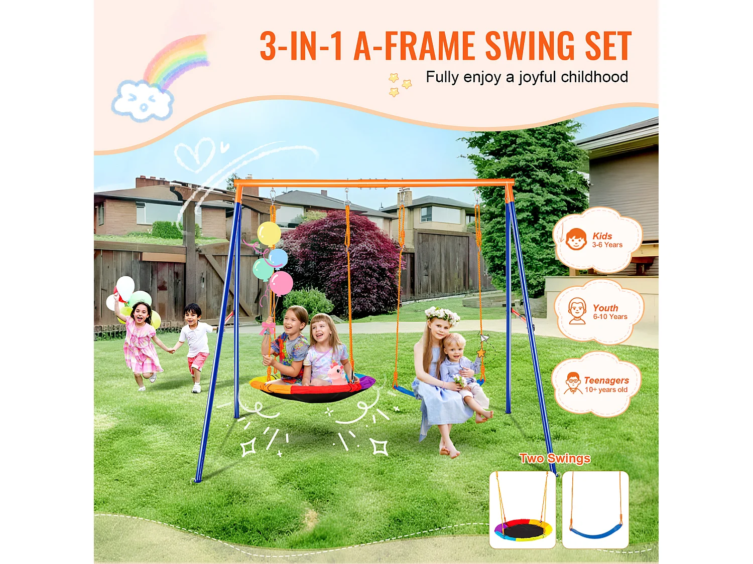 Ensemble de Balançoires en A SucceBuy, 1 Soucoupe et 1 Balançoire à Ceinture, Support en Métal pour Jardin