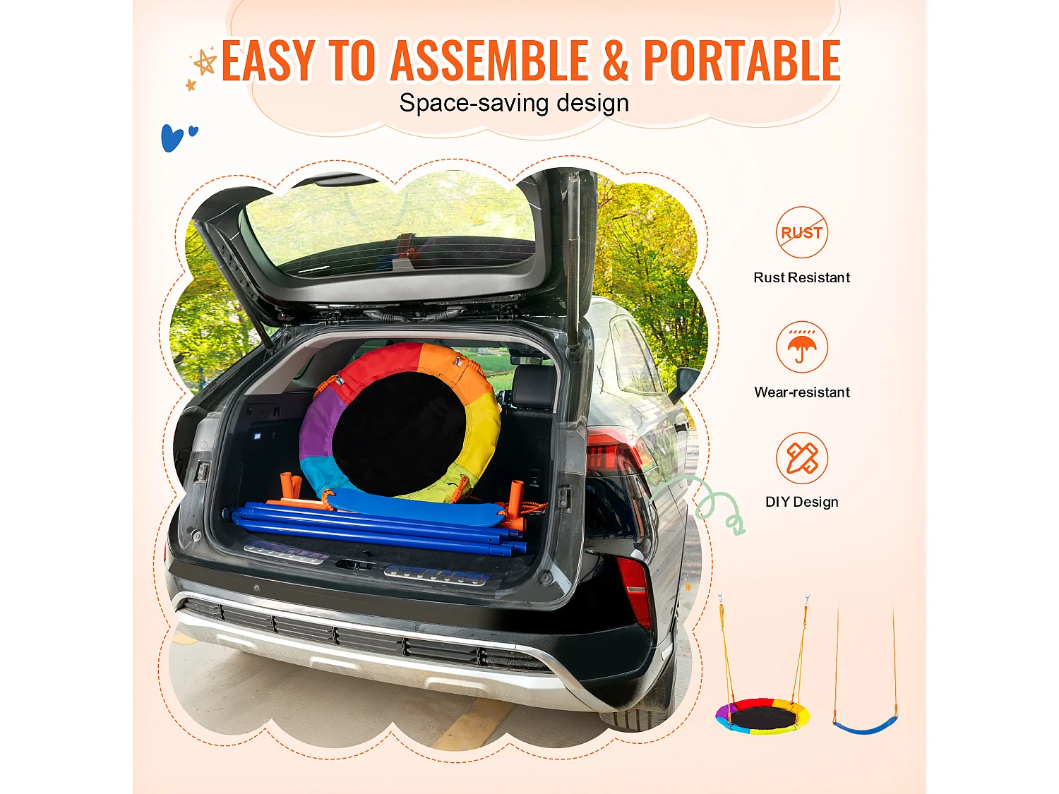 Ensemble de Balançoires en A SucceBuy, 1 Soucoupe et 1 Balançoire à Ceinture, Support en Métal pour Jardin