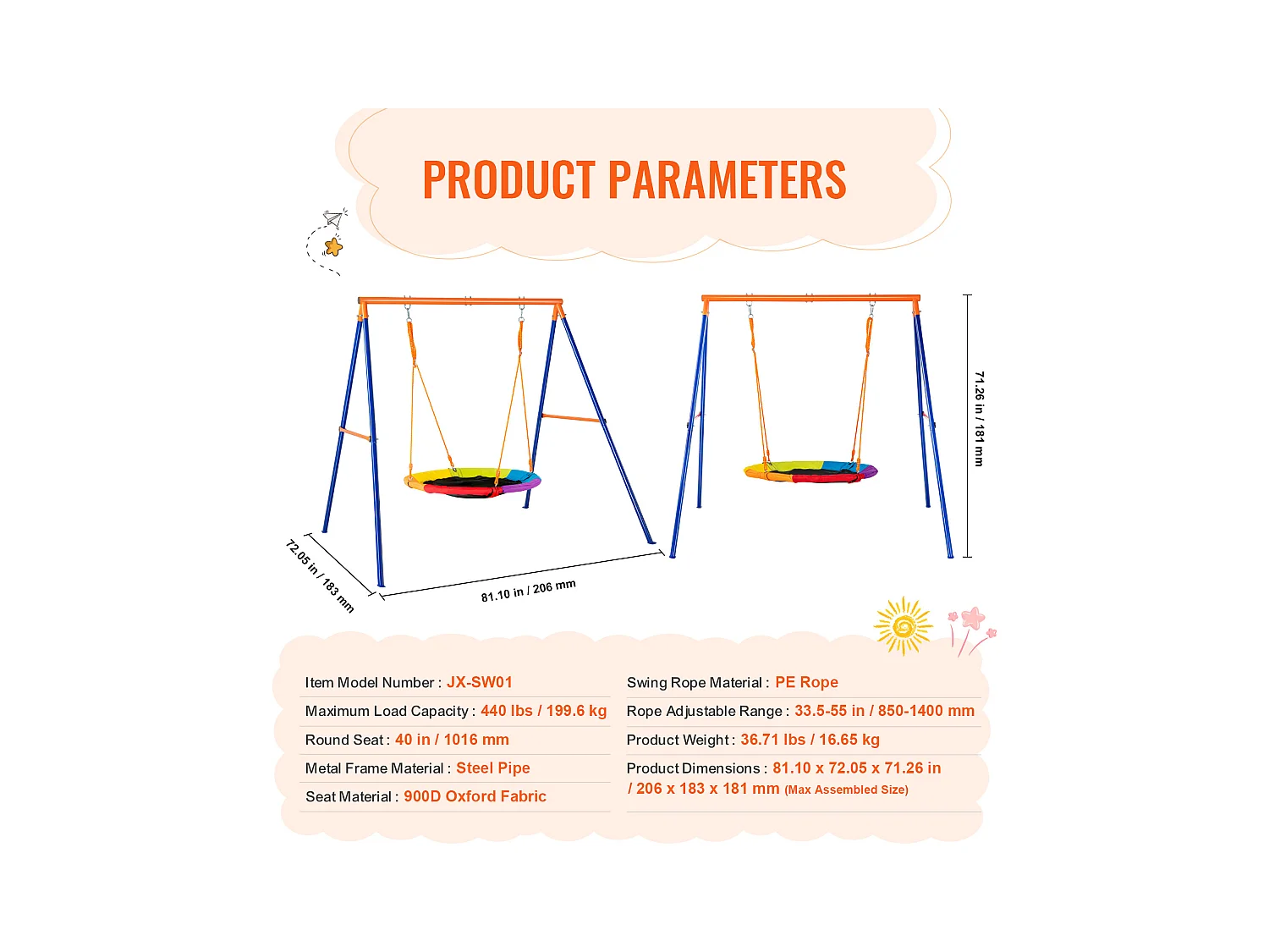 Ensemble de Balançoires Portique SucceBuy de Jardin Nacelle 102 cm Charge 199,6 kg, Support en Métal, Corde Réglable pour l'arrière-cour