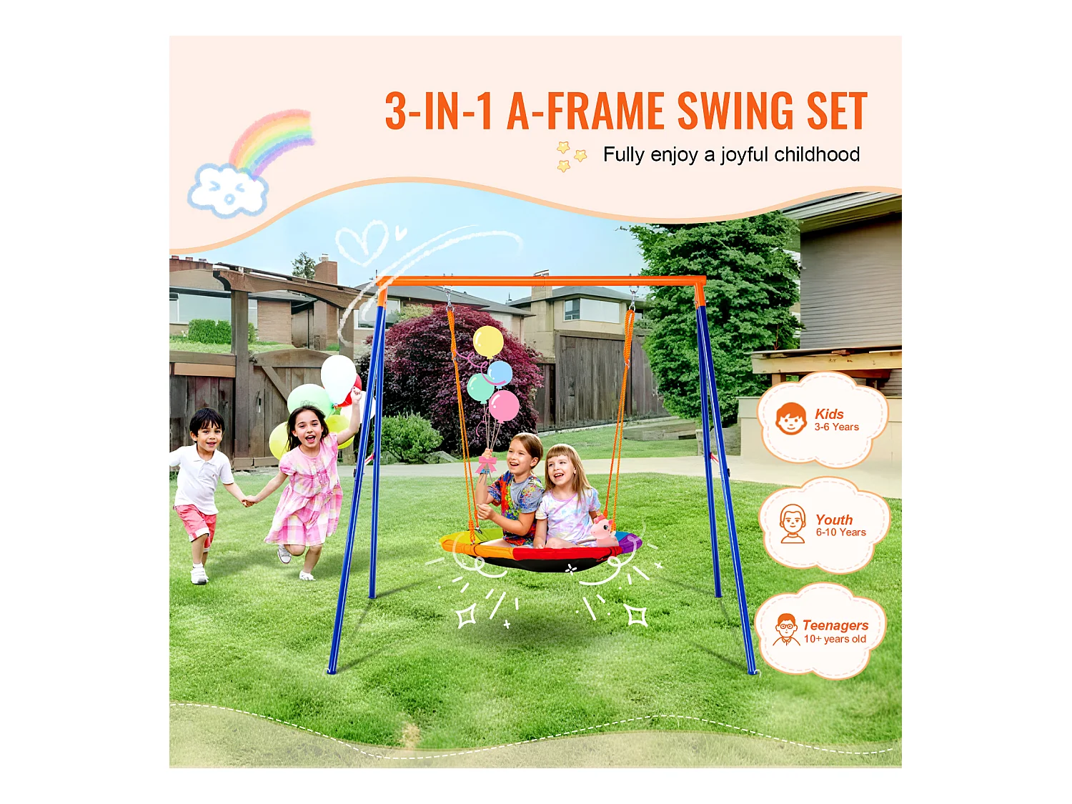 Ensemble de Balançoires Portique SucceBuy de Jardin Nacelle 102 cm Charge 199,6 kg, Support en Métal, Corde Réglable pour l'arrière-cour