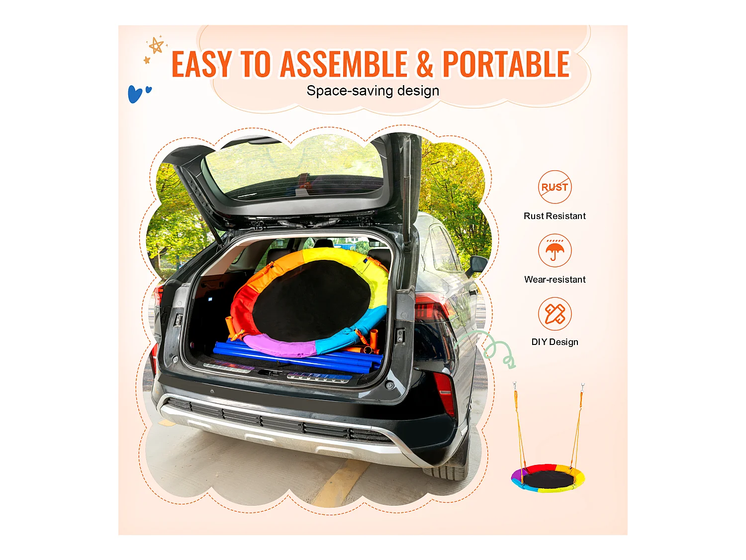 Ensemble de Balançoires Portique SucceBuy de Jardin Nacelle 102 cm Charge 199,6 kg, Support en Métal, Corde Réglable pour l'arrière-cour