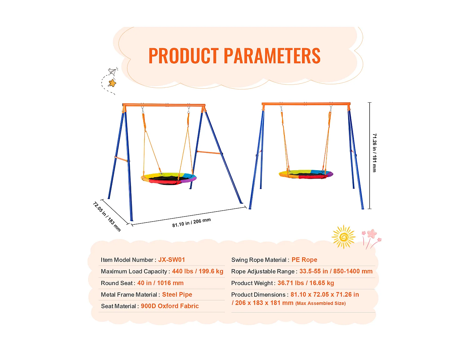 Ensemble de Balançoires Portique SucceBuy de Jardin Nacelle 102 cm Charge 199,6 kg, Support en Métal, Corde Réglable pour l'arrière-cour