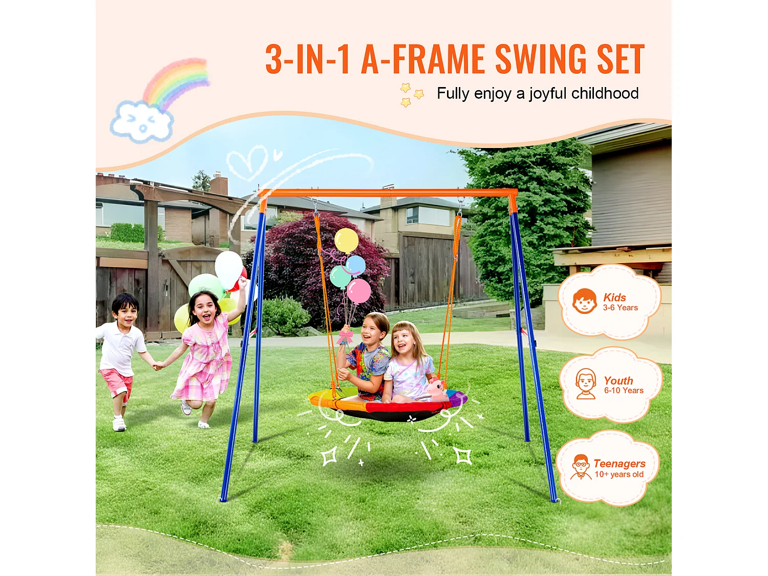 Ensemble de Balançoires Portique SucceBuy de Jardin Nacelle 102 cm Charge 199,6 kg, Support en Métal, Corde Réglable pour l'arrière-cour