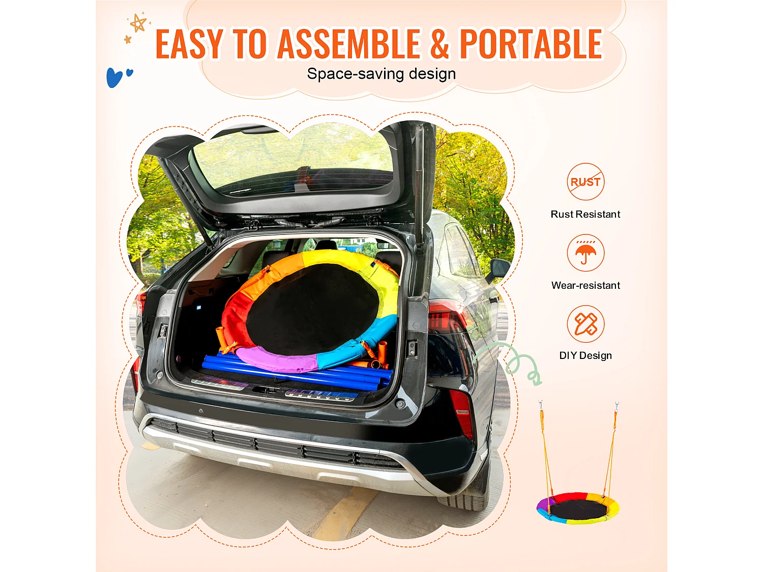 Ensemble de Balançoires Portique SucceBuy de Jardin Nacelle 102 cm Charge 199,6 kg, Support en Métal, Corde Réglable pour l'arrière-cour