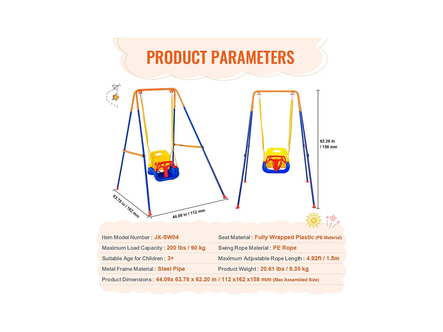 Ensemble de Balançoires 3 en 1 pour Enfants SucceBuy, Support en Métal Pliable, 4 Sacs de Sable pour l'Arrière-Cour, capacité de 54.43kg