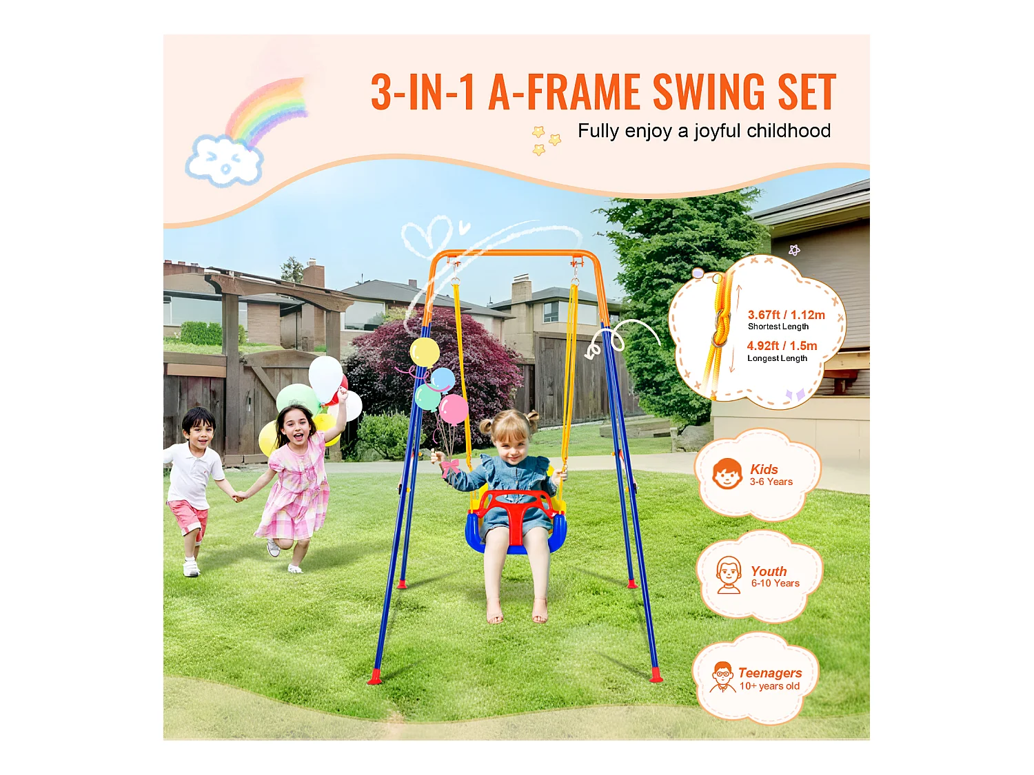 Ensemble de Balançoires 3 en 1 pour Enfants SucceBuy, Support en Métal Pliable, 4 Sacs de Sable pour l'Arrière-Cour, capacité de 54.43kg