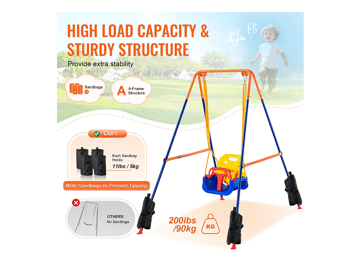 Ensemble de Balançoires 3 en 1 pour Enfants SucceBuy, Support en Métal Pliable, 4 Sacs de Sable pour l'Arrière-Cour, capacité de 54.43kg