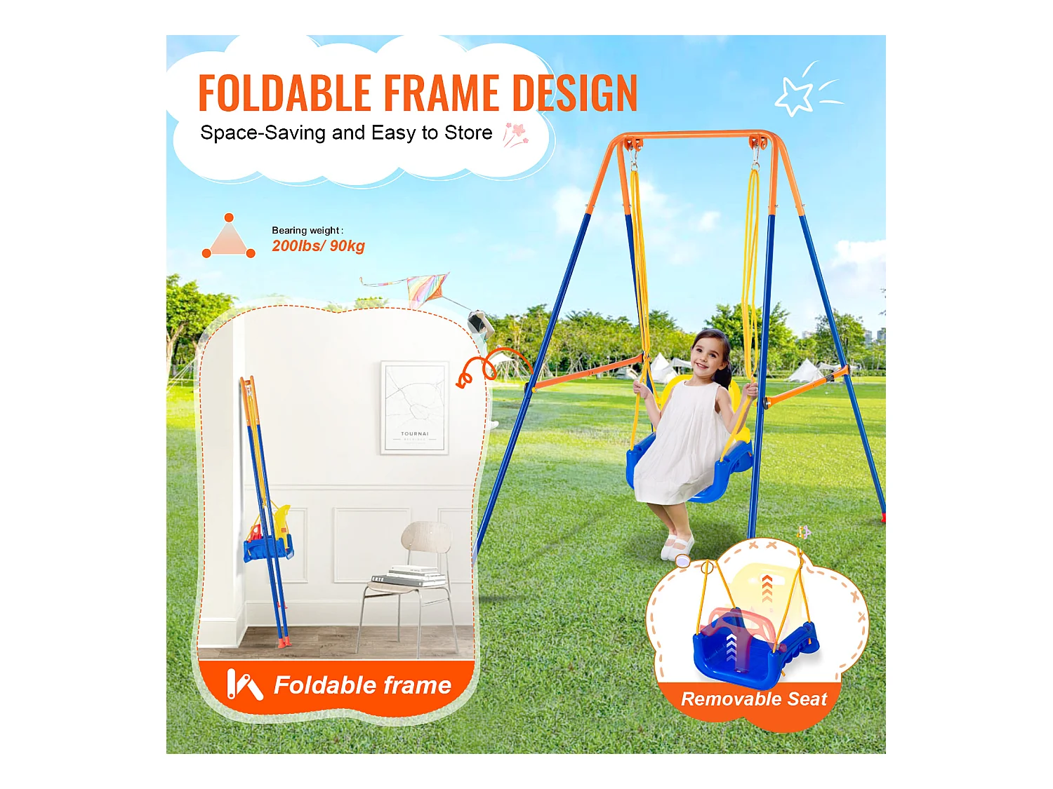 Ensemble de Balançoires 3 en 1 pour Enfants SucceBuy, Support en Métal Pliable, 4 Sacs de Sable pour l'Arrière-Cour, capacité de 54.43kg