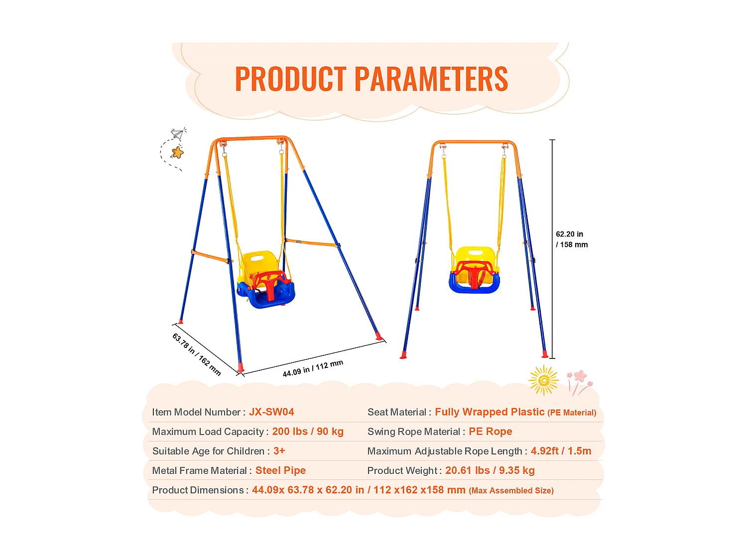 Ensemble de Balançoires 3 en 1 pour Enfants SucceBuy, Support en Métal Pliable, 4 Sacs de Sable pour l'Arrière-Cour, capacité de 54.43kg
