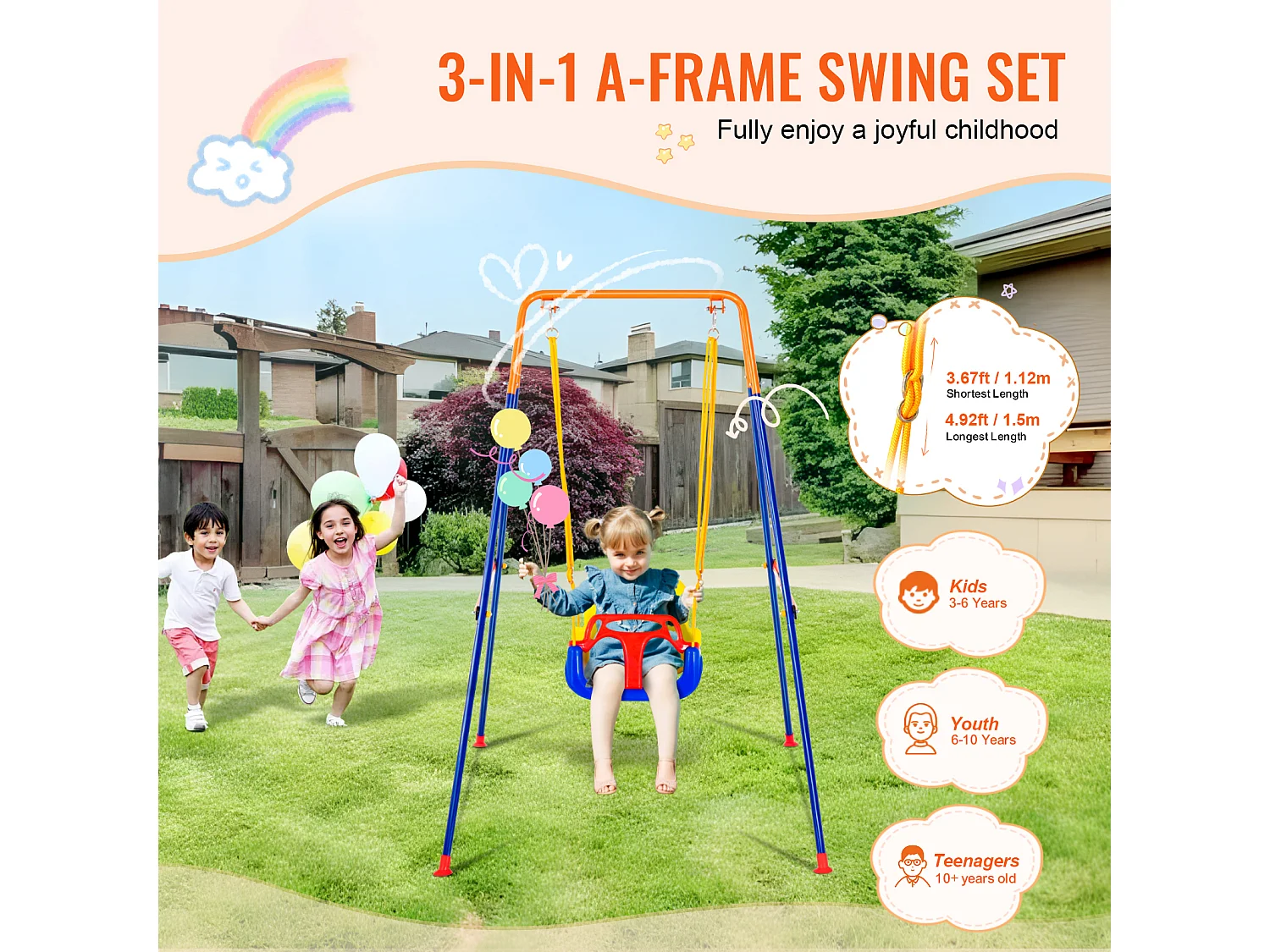 Ensemble de Balançoires 3 en 1 pour Enfants SucceBuy, Support en Métal Pliable, 4 Sacs de Sable pour l'Arrière-Cour, capacité de 54.43kg