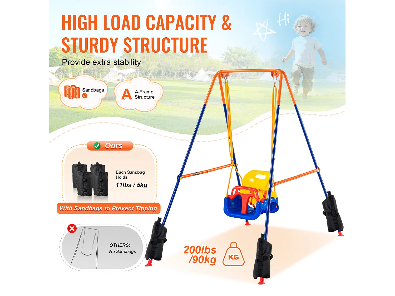 Ensemble de Balançoires 3 en 1 pour Enfants SucceBuy, Support en Métal Pliable, 4 Sacs de Sable pour l'Arrière-Cour, capacité de 54.43kg