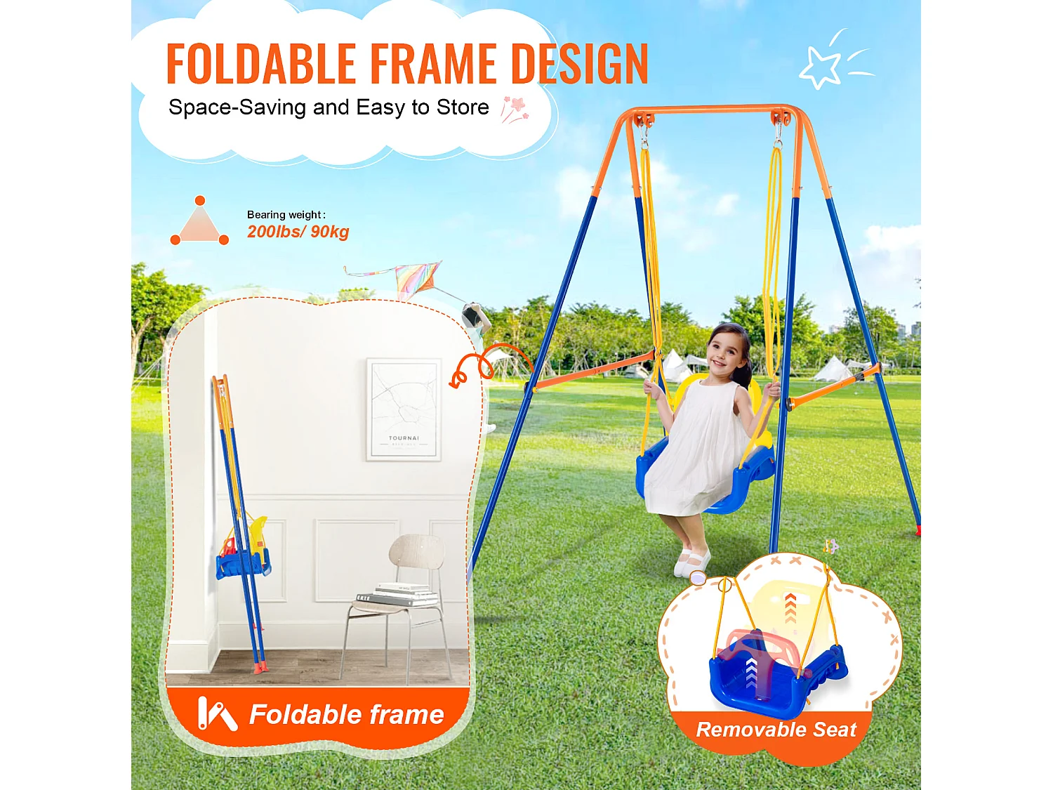 Ensemble de Balançoires 3 en 1 pour Enfants SucceBuy, Support en Métal Pliable, 4 Sacs de Sable pour l'Arrière-Cour, capacité de 54.43kg