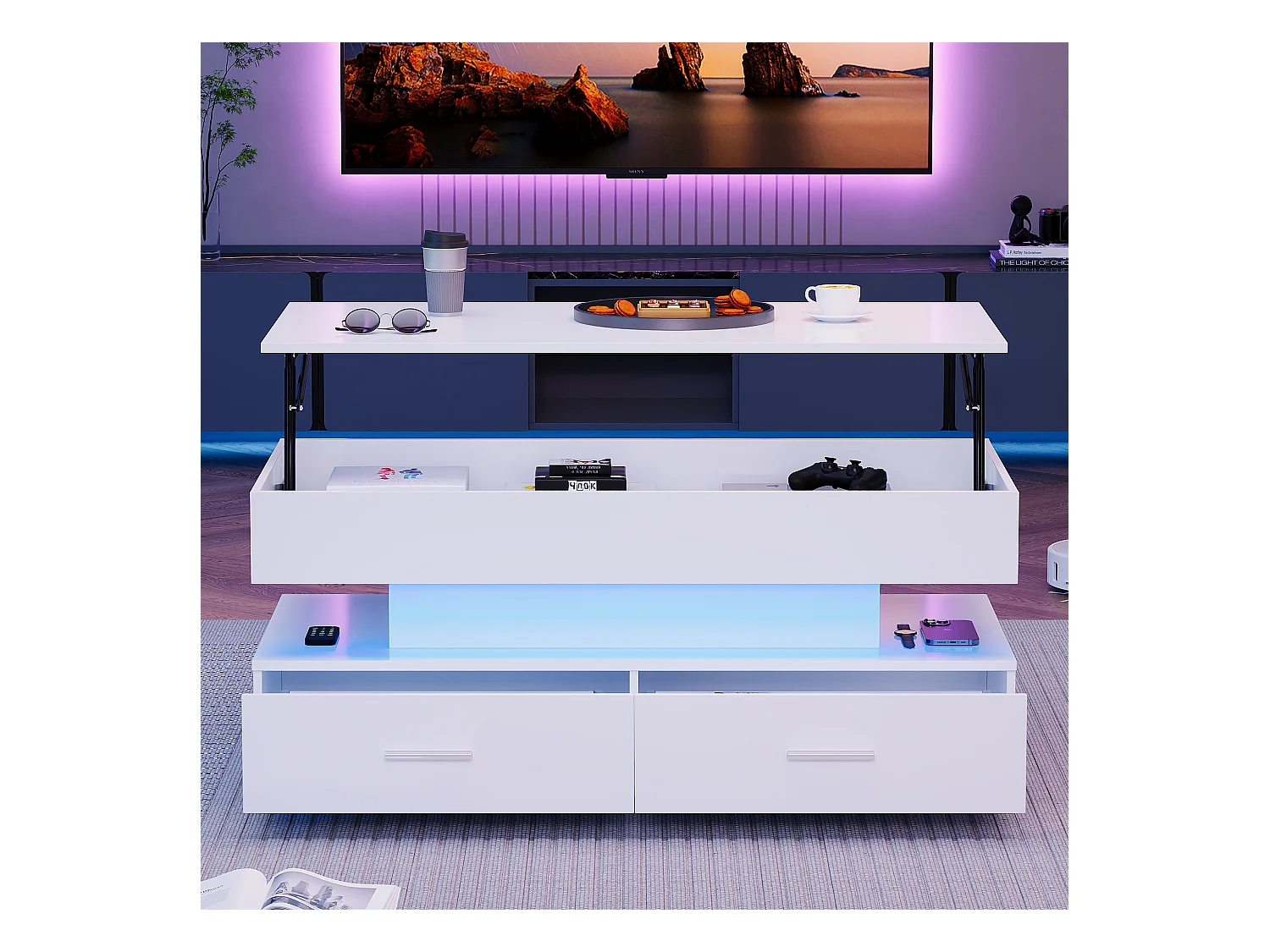 Table basse relevable avec rangement intelligent et LED, suface laqué blanc