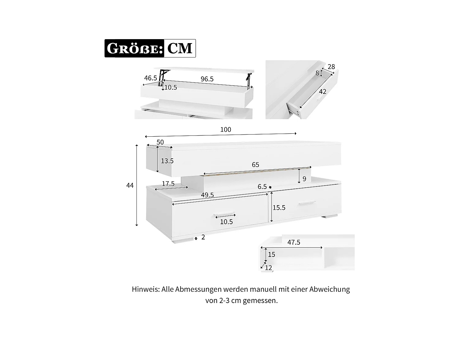 Table basse relevable avec rangement intelligent et LED, suface laqué blanc