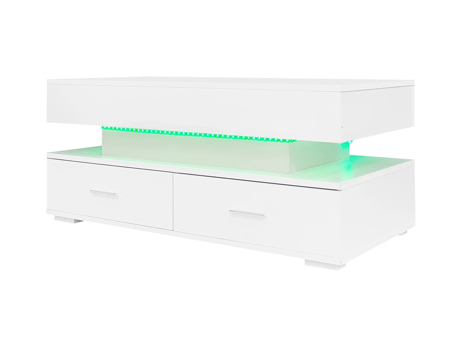 Table basse relevable avec rangement intelligent et LED, suface laqué blanc