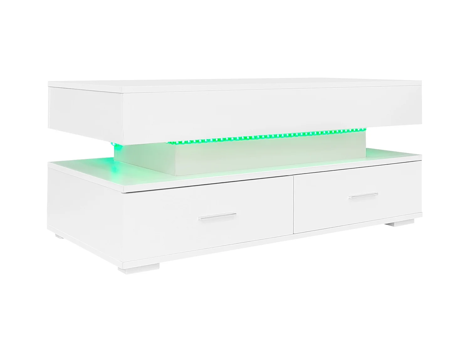 Table basse relevable avec rangement intelligent et LED, suface laqué blanc