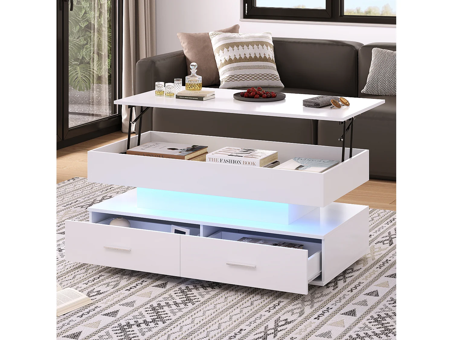 Mesa de centro elevatória com arrumação inteligente e LEDs, superfície lacada a branco