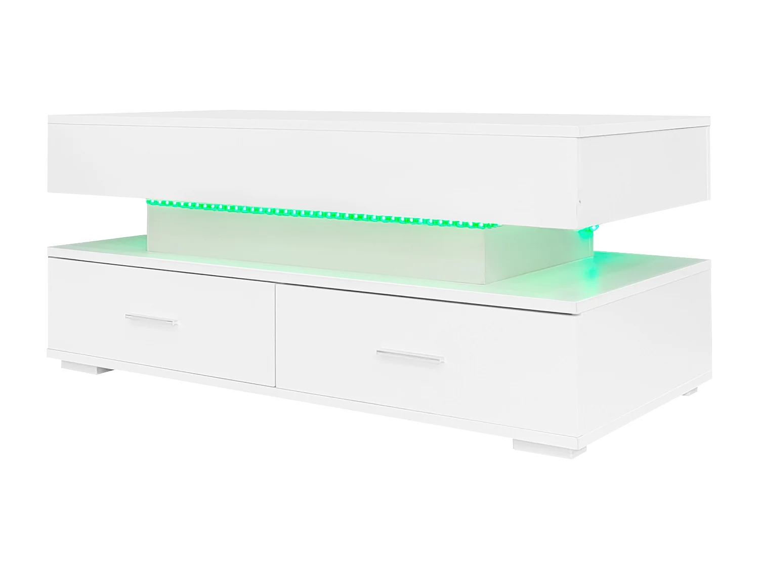 Mesa de centro elevatória com arrumação inteligente e LEDs, superfície lacada a branco