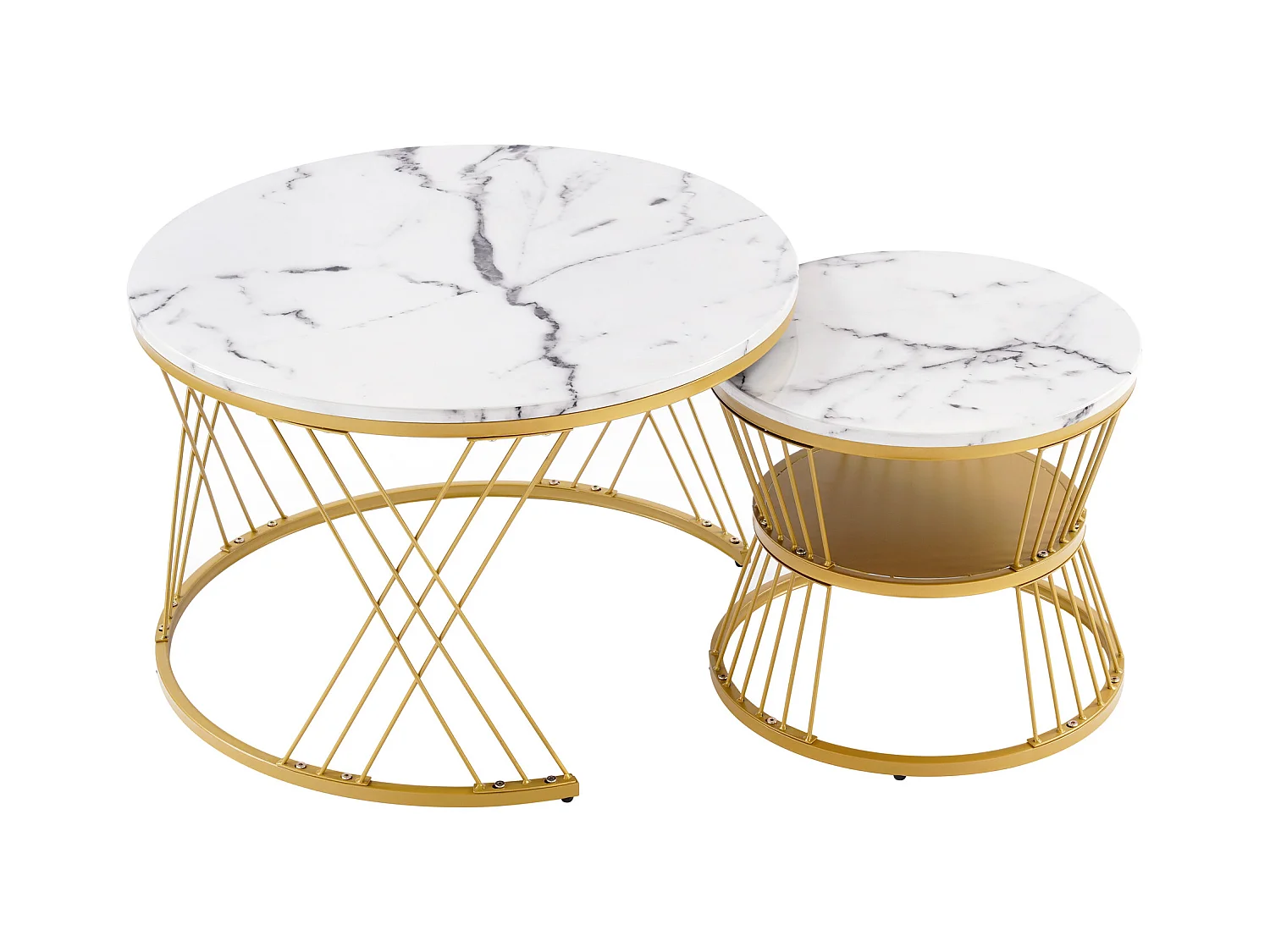 Lot de 2 tables basses gigognes rondes placage marbre blanc laqué, cadre en métal doré