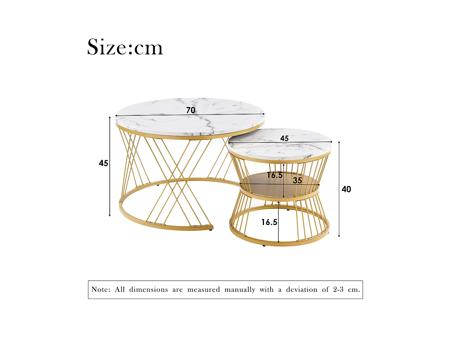 Lot de 2 tables basses gigognes rondes placage marbre blanc laqué, cadre en métal doré