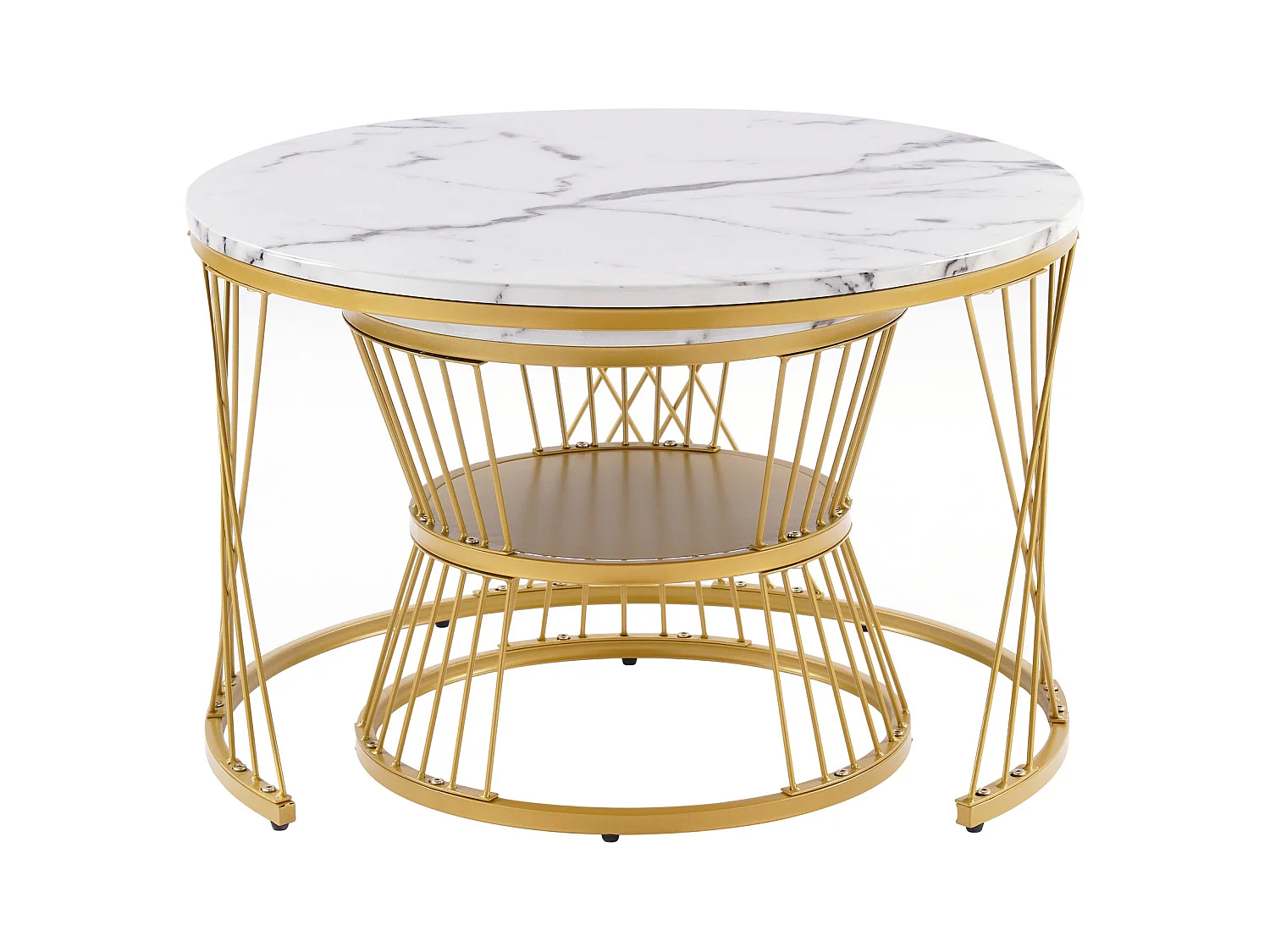 Lot de 2 tables basses gigognes rondes placage marbre blanc laqué, cadre en métal doré