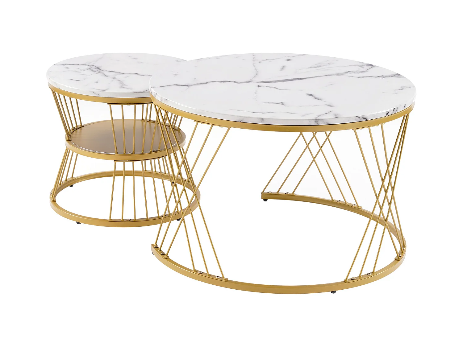 Lot de 2 tables basses gigognes rondes placage marbre blanc laqué, cadre en métal doré