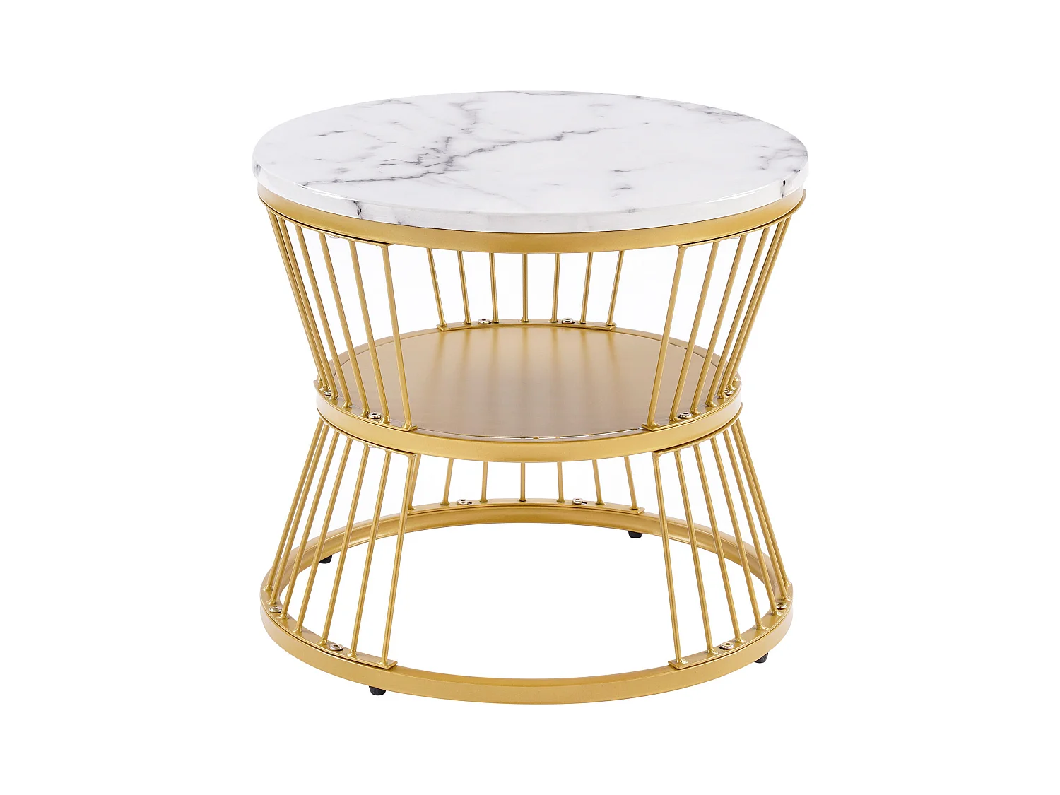 Lot de 2 tables basses gigognes rondes placage marbre blanc laqué, cadre en métal doré