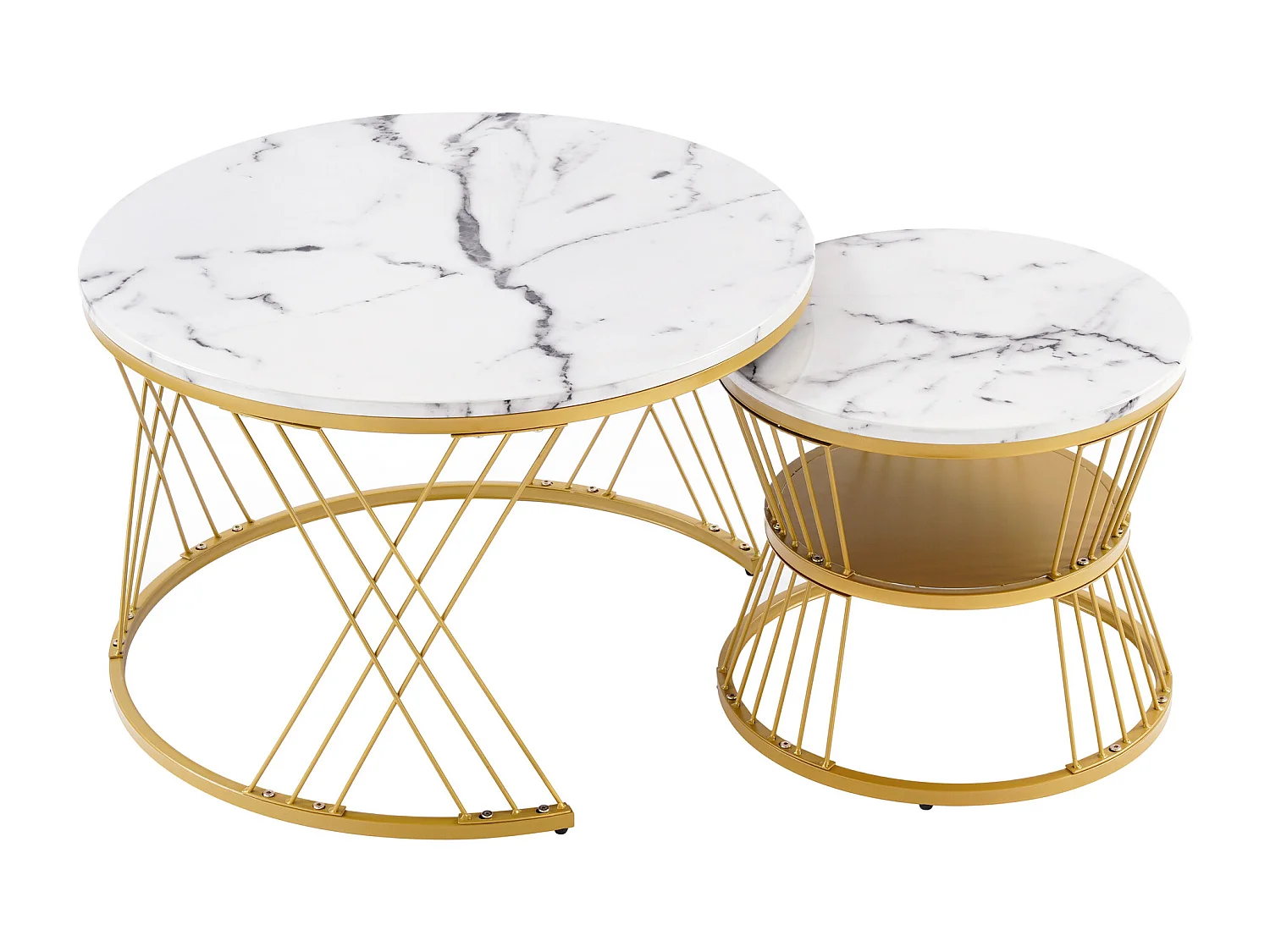 Lot de 2 tables basses gigognes rondes placage effet marbre blanc laqué, cadre en métal doré