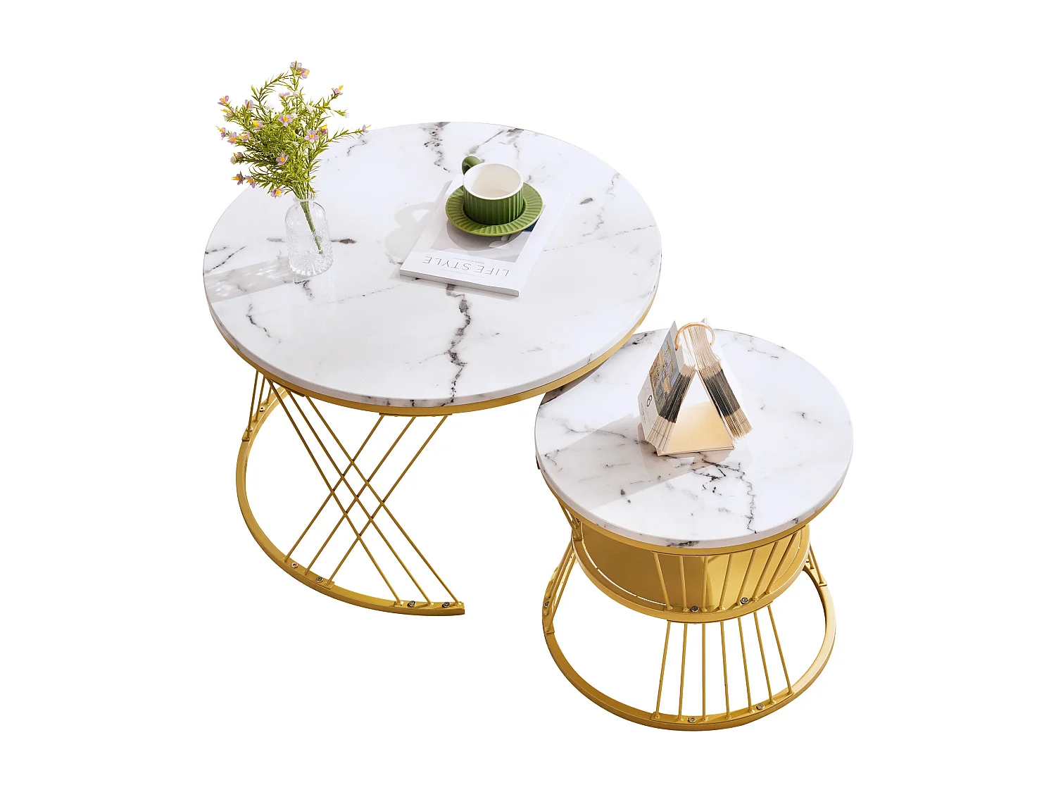 Lot de 2 tables basses gigognes rondes placage effet marbre blanc laqué, cadre en métal doré