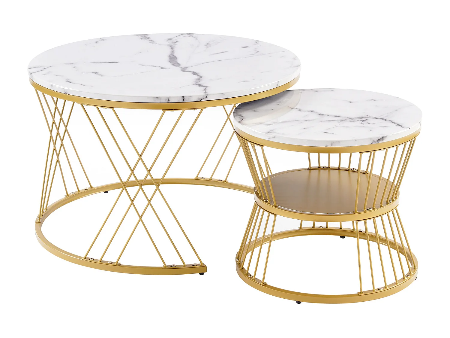 Lot de 2 tables basses gigognes rondes placage effet marbre blanc laqué, cadre en métal doré