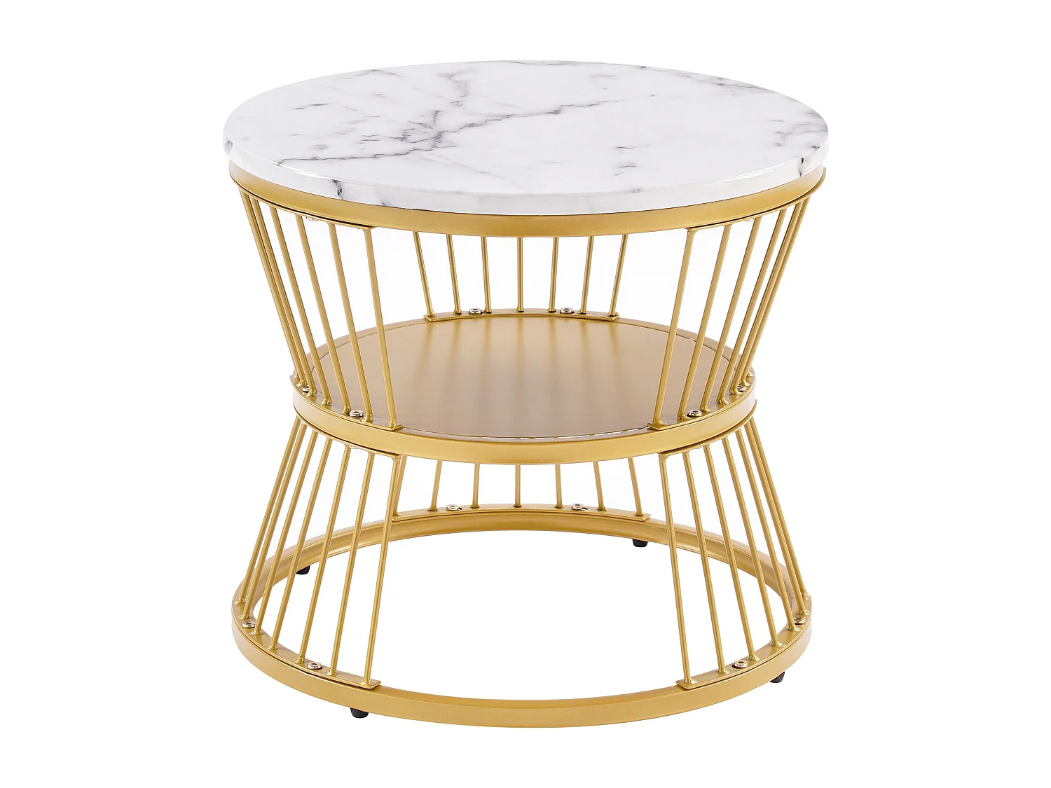 Lot de 2 tables basses gigognes rondes placage effet marbre blanc laqué, cadre en métal doré