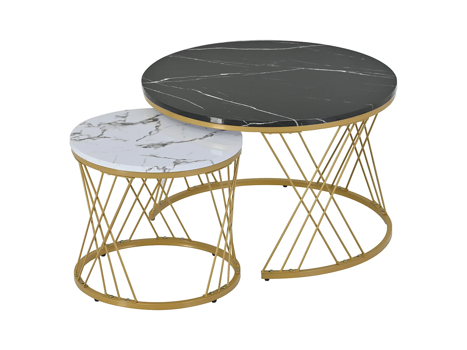 Lot de 2 tables basses gigognes rondes placage marbre noir et blanc laqué, cadre en métal doré