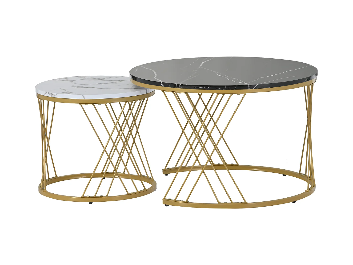Lot de 2 tables basses gigognes rondes placage marbre noir et blanc laqué, cadre en métal doré