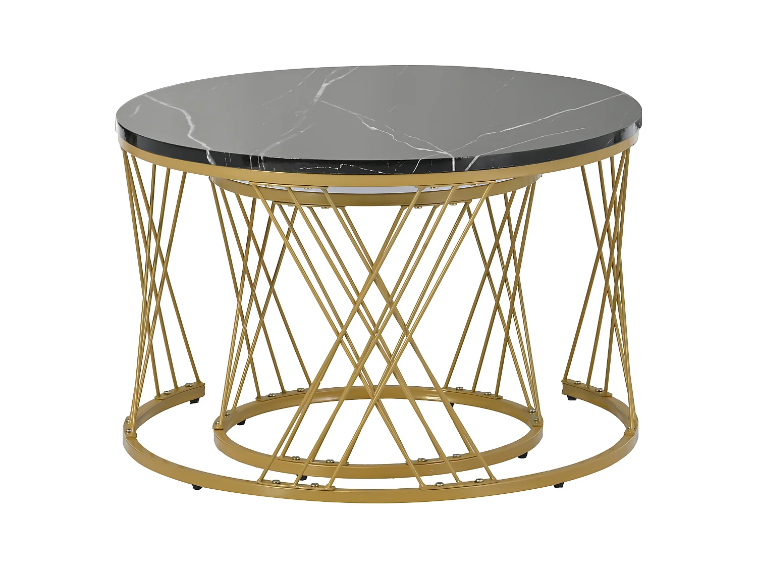 Lot de 2 tables basses gigognes rondes placage marbre noir et blanc laqué, cadre en métal doré