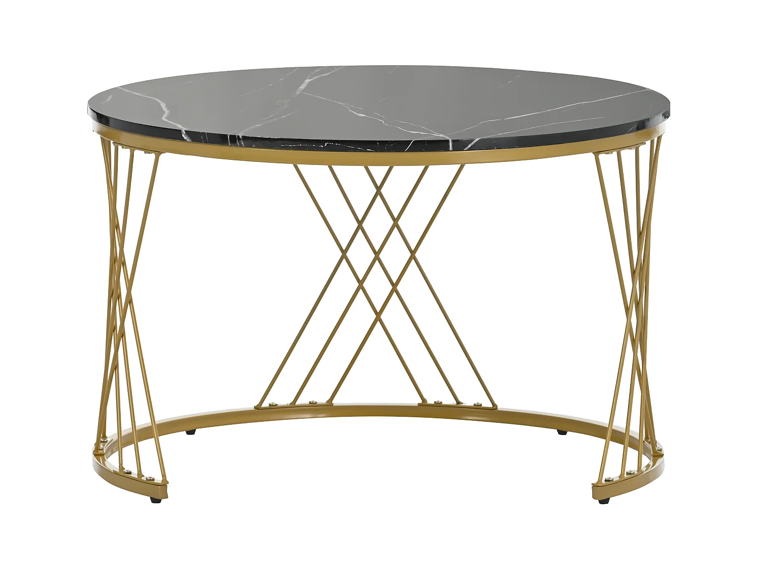 Lot de 2 tables basses gigognes rondes placage marbre noir et blanc laqué, cadre en métal doré