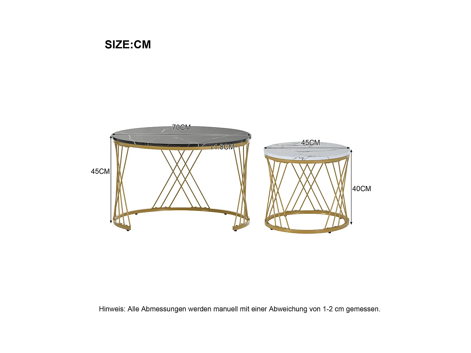 Lot de 2 tables basses gigognes rondes placage marbre noir et blanc laqué, cadre en métal doré